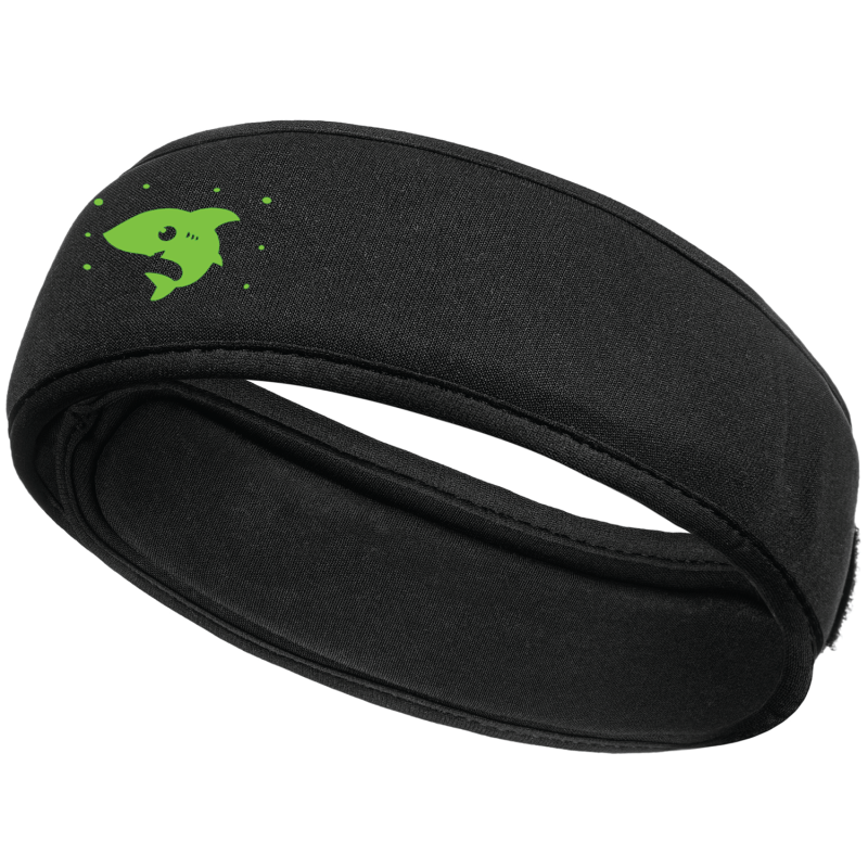 Soft black protective headband with green shark logo, designed for sports and high-risk activities, providing an extra layer of impact protection during physical activities.