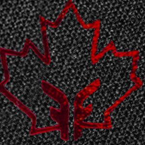 Red maple leaf, outlined with red metallic, on a black textured background. The design symbolizes resilience and strength, perfect for representing Canadian-themed protective headbands.