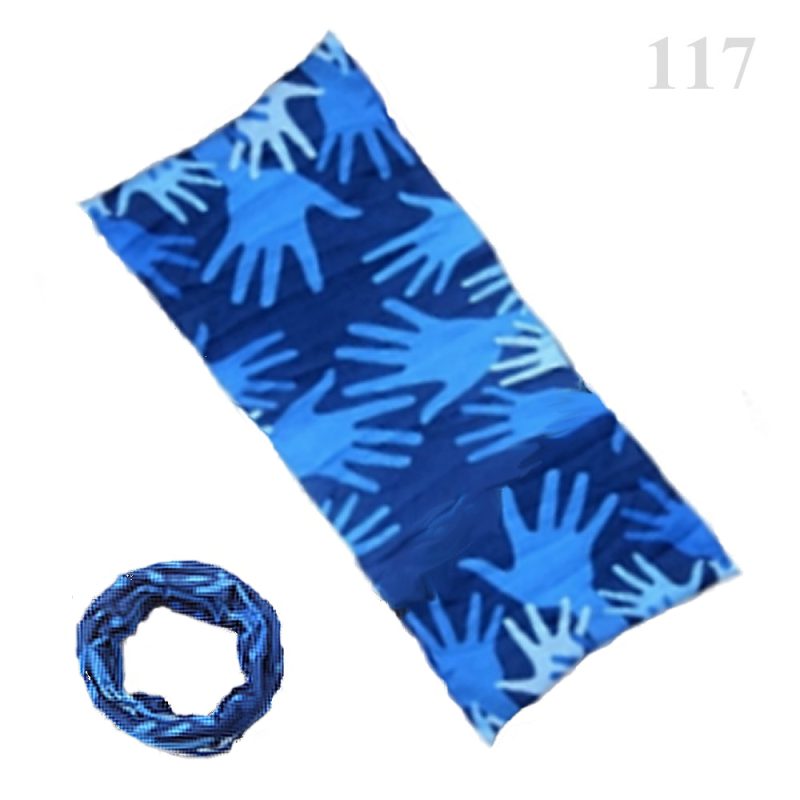 Blue protective headband with handprint pattern by Forcefield®, designed for high-impact sports and activities. Includes a matching hair tie, offering extra comfort and protection during active pursuits.