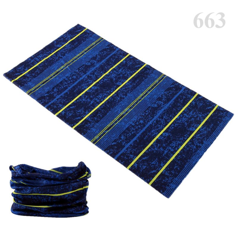 Bright blue and yellow striped multifunctional headwear, suitable as a protective headband or neck gaiter for sports and outdoor activities. It offers versatile protection and comfort during high-energy pursuits.
